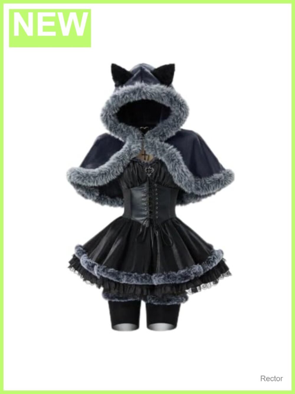 Gothic Hooded Cape Corset Dress Set with Cat Ears Cosplay Costume